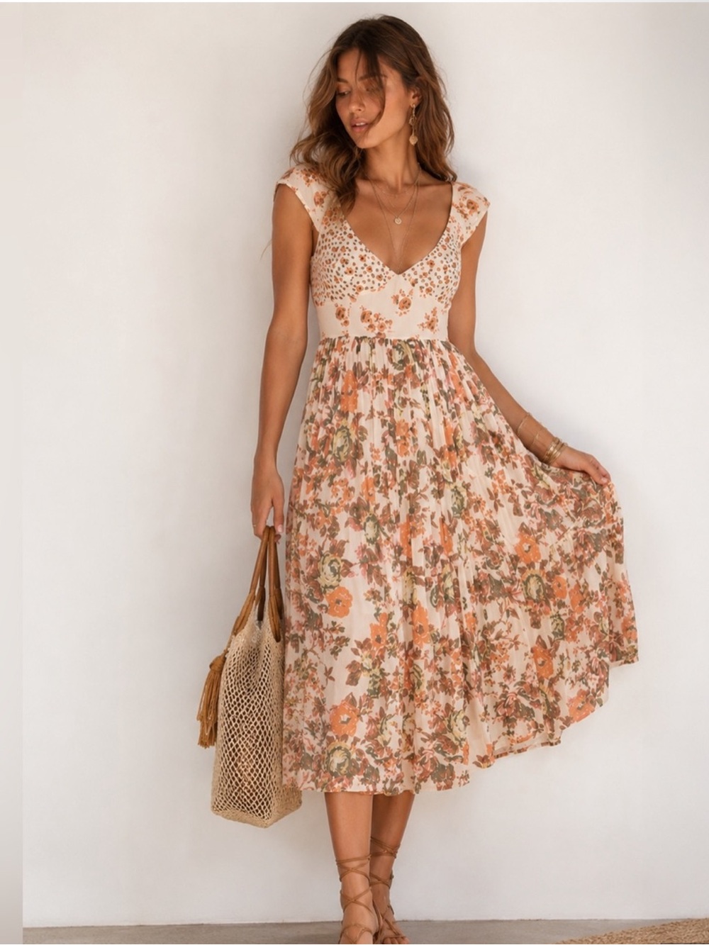 REVOLVE FREE PEOPLE Midi Dress XS Green Peach Floral Smocked Festival Empire